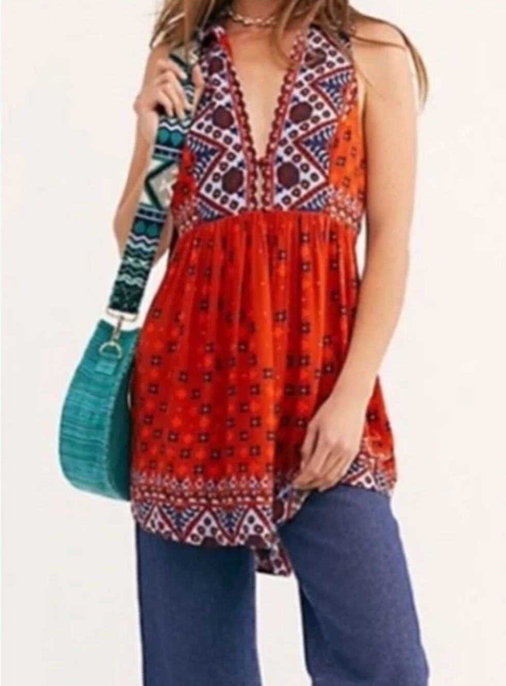 Free People Womens L Orange Blue Charlotte Sleeveless Long Tunic Top